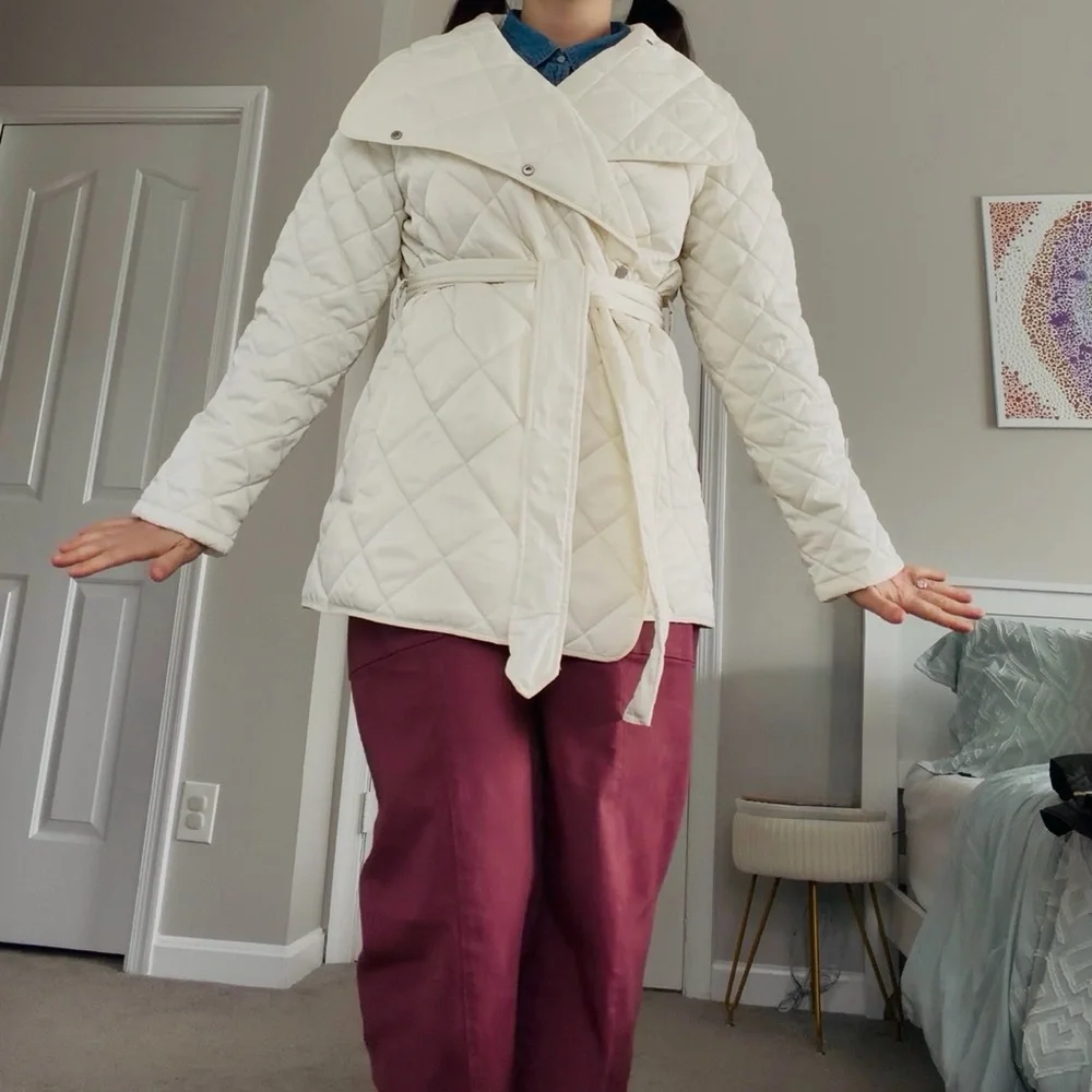 Rebecca Minkoff Cream Quilted Light Weight Puffer Jacket Tie Waist Size L NWT - Picture 3 of 9